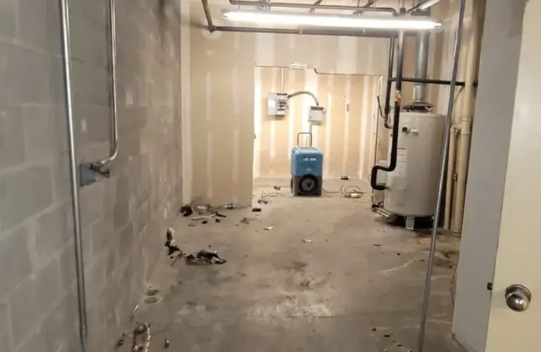 A room with water damage and a blue air mover.